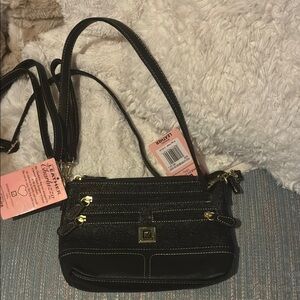 Stone Mountain Black Crossbody Bag with Gold Accents